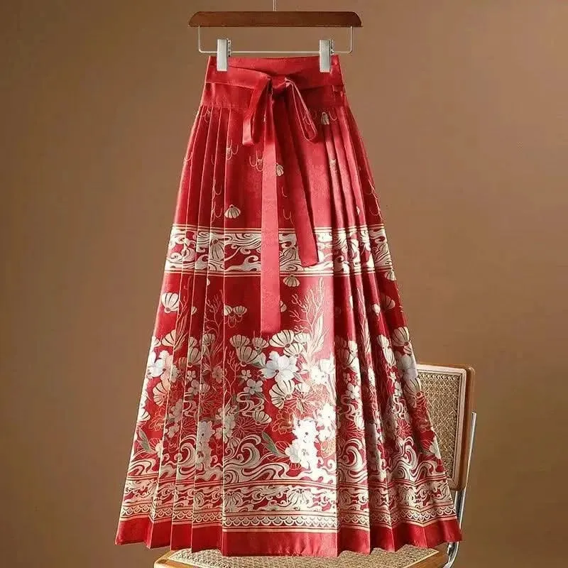 Elegant Chinese Style Pleated Maxi Skirt with Horse Face Print