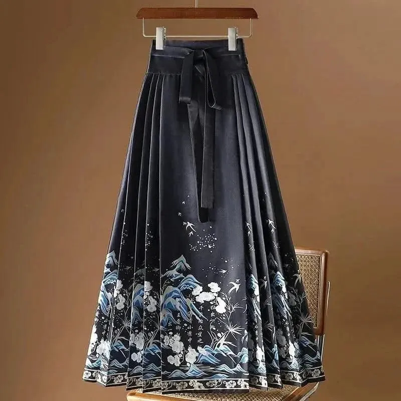 Elegant Chinese Style Pleated Maxi Skirt with Horse Face Print