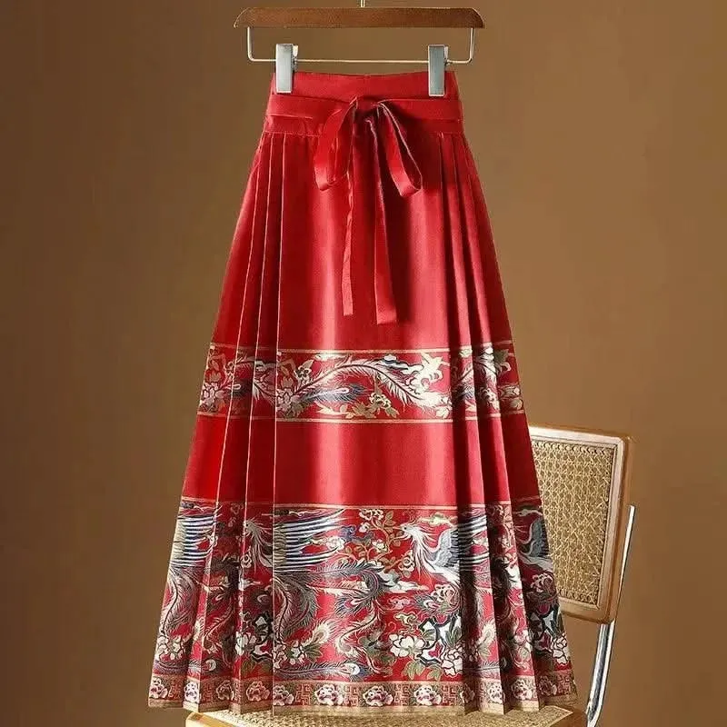 Elegant Chinese Style Pleated Maxi Skirt with Horse Face Print