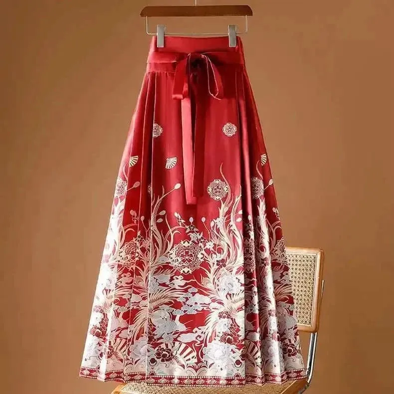 Elegant Chinese Style Pleated Maxi Skirt with Horse Face Print