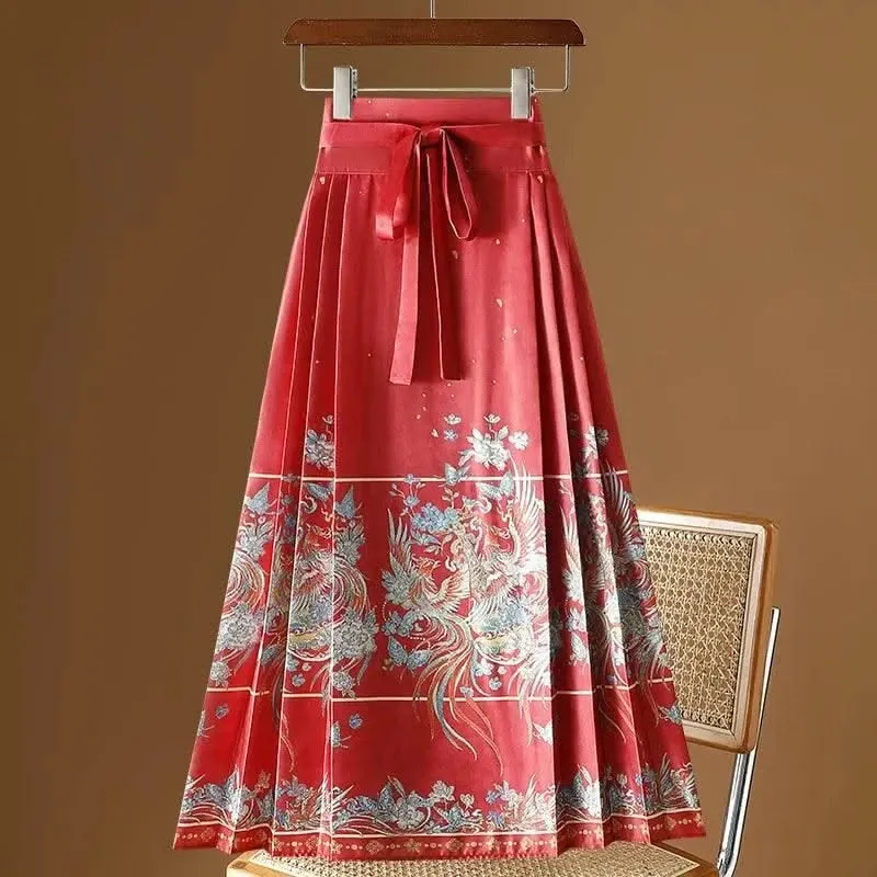 Elegant Chinese Style Pleated Maxi Skirt with Horse Face Print