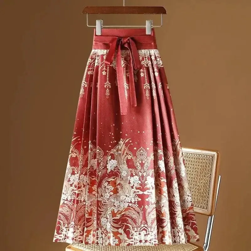 Elegant Chinese Style Pleated Maxi Skirt with Horse Face Print