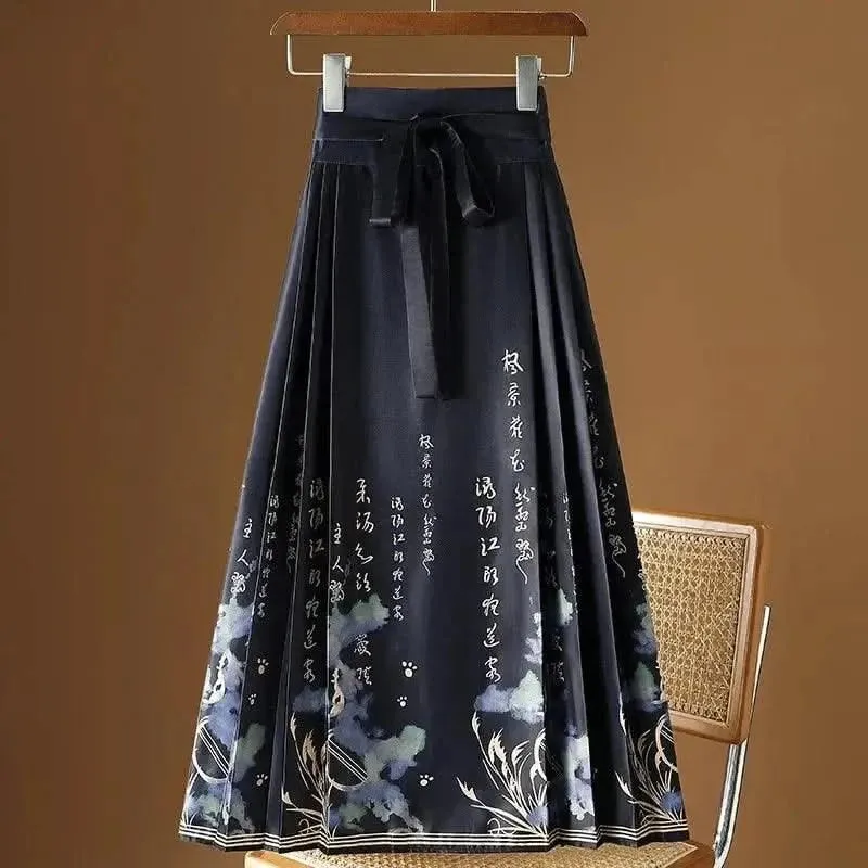 Elegant Chinese Style Pleated Maxi Skirt with Horse Face Print