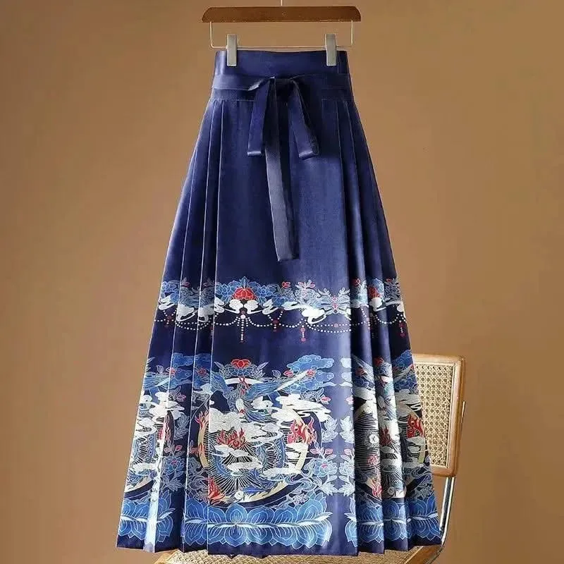 Elegant Chinese Style Pleated Maxi Skirt with Horse Face Print