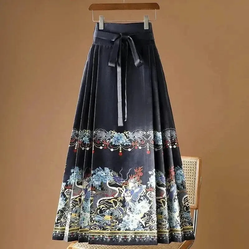 Elegant Chinese Style Pleated Maxi Skirt with Horse Face Print