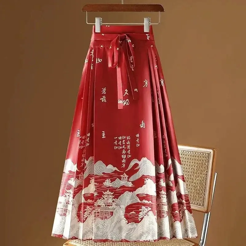 Elegant Chinese Style Pleated Maxi Skirt with Horse Face Print