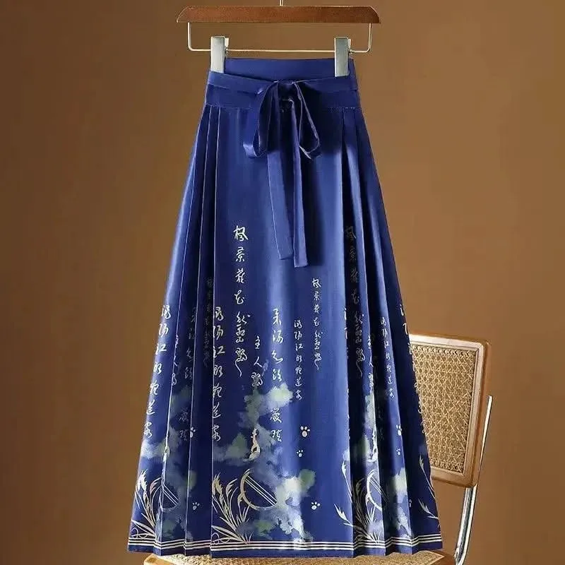 Elegant Chinese Style Pleated Maxi Skirt with Horse Face Print