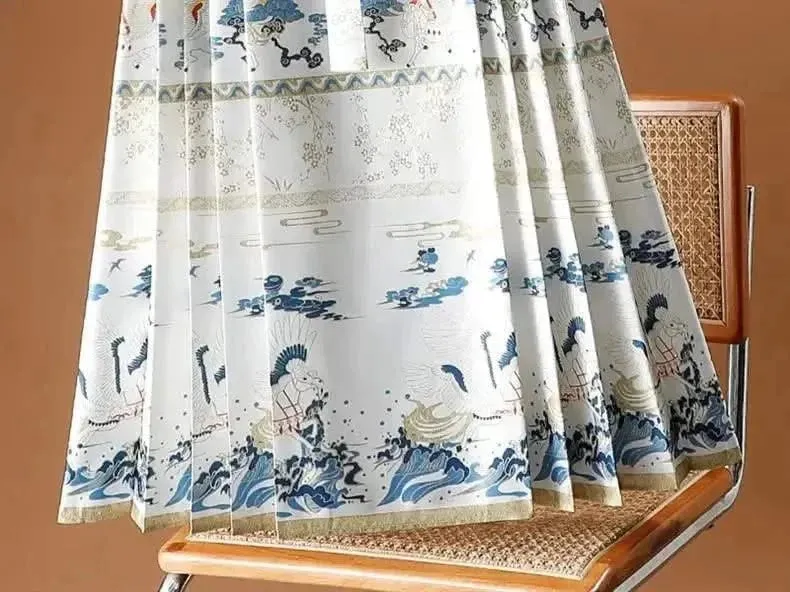 Elegant Chinese Style Pleated Maxi Skirt with Horse Face Print