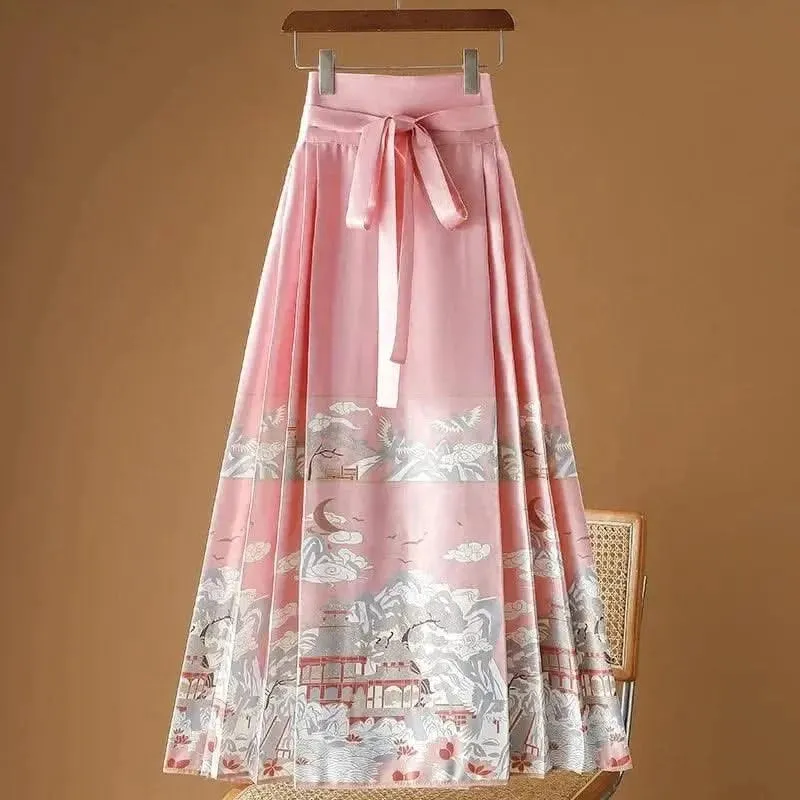 Elegant Chinese Style Pleated Maxi Skirt with Horse Face Print