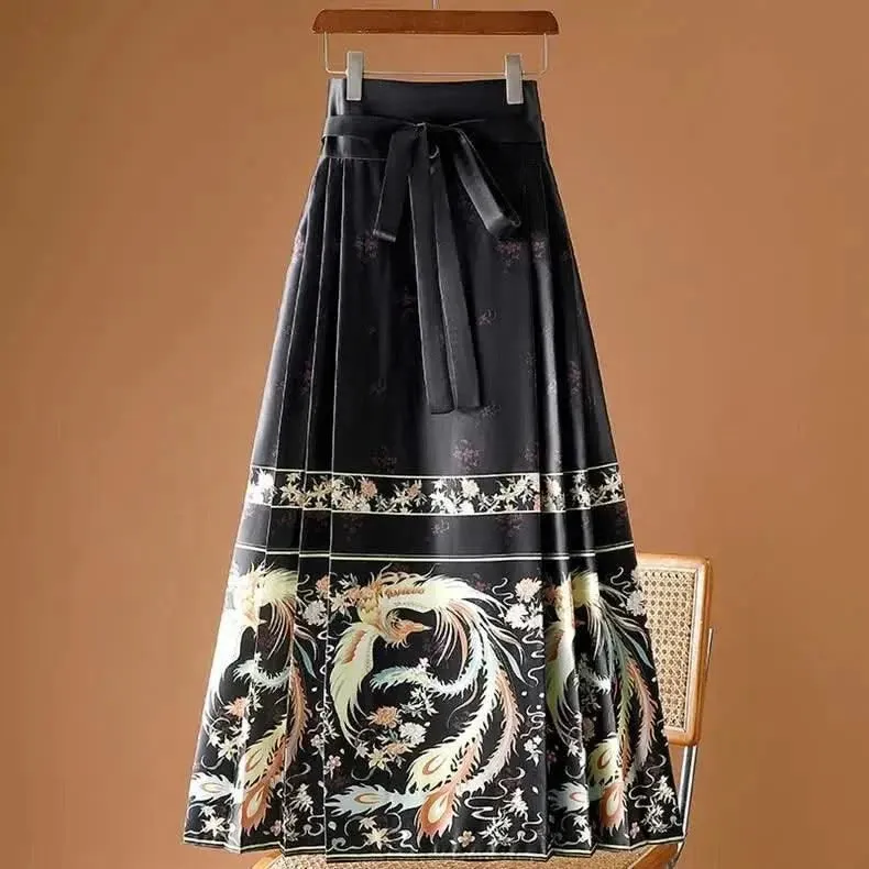 Elegant Chinese Style Pleated Maxi Skirt with Horse Face Print