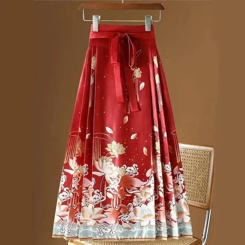 Elegant Chinese Style Pleated Maxi Skirt with Horse Face Print