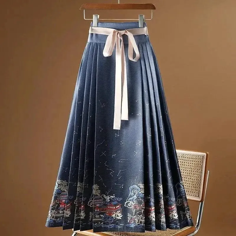 Elegant Chinese Style Pleated Maxi Skirt with Horse Face Print