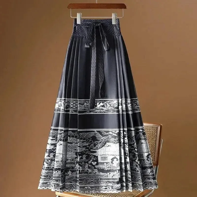 Elegant Chinese Style Pleated Maxi Skirt with Horse Face Print