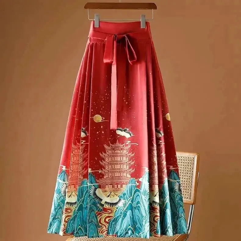 Elegant Chinese Style Pleated Maxi Skirt with Horse Face Print