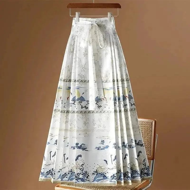 Elegant Chinese Style Pleated Maxi Skirt with Horse Face Print