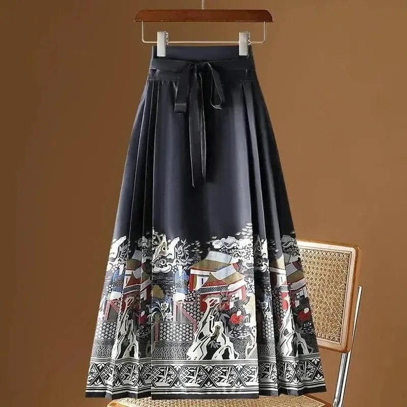 Elegant Chinese Style Pleated Maxi Skirt with Horse Face Print