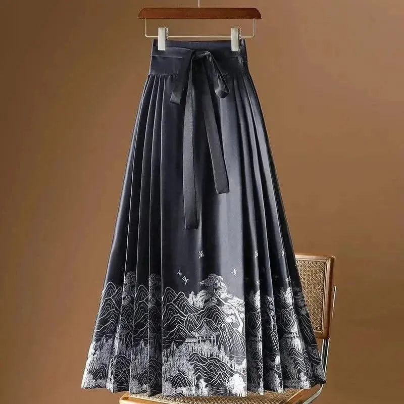 Elegant Chinese Style Pleated Maxi Skirt with Horse Face Print