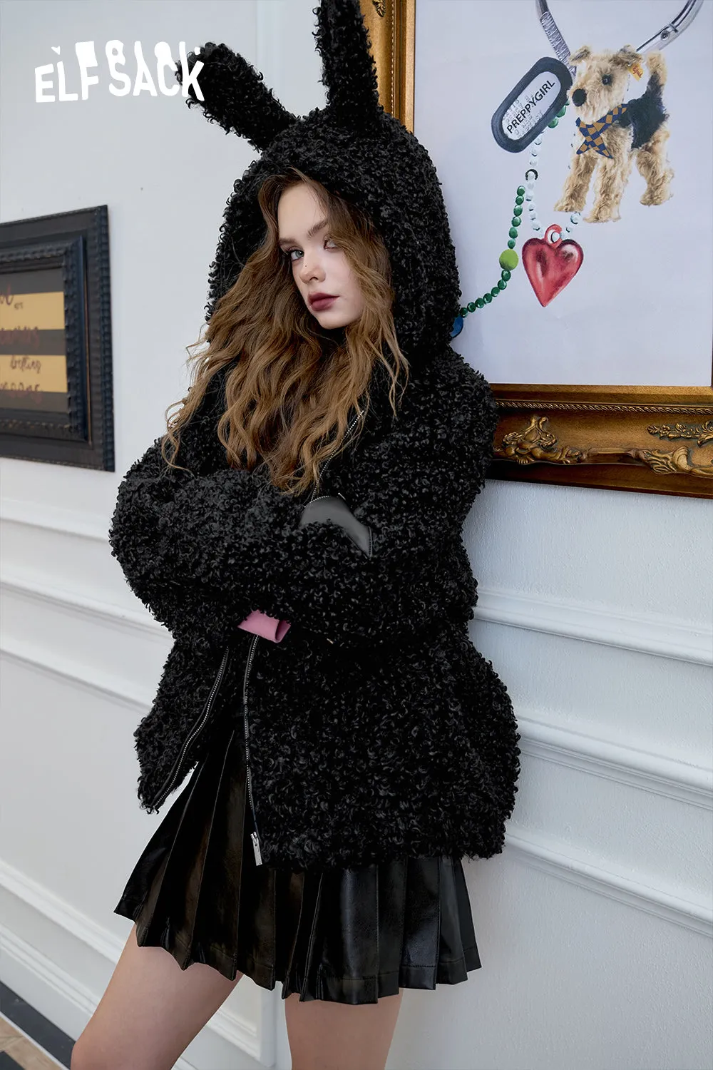 ELFSACK 2024 Winter New Arrivals Black Thick Hooded Jacket for Women with Fluffy Rabbit Ears Sweet and Cool