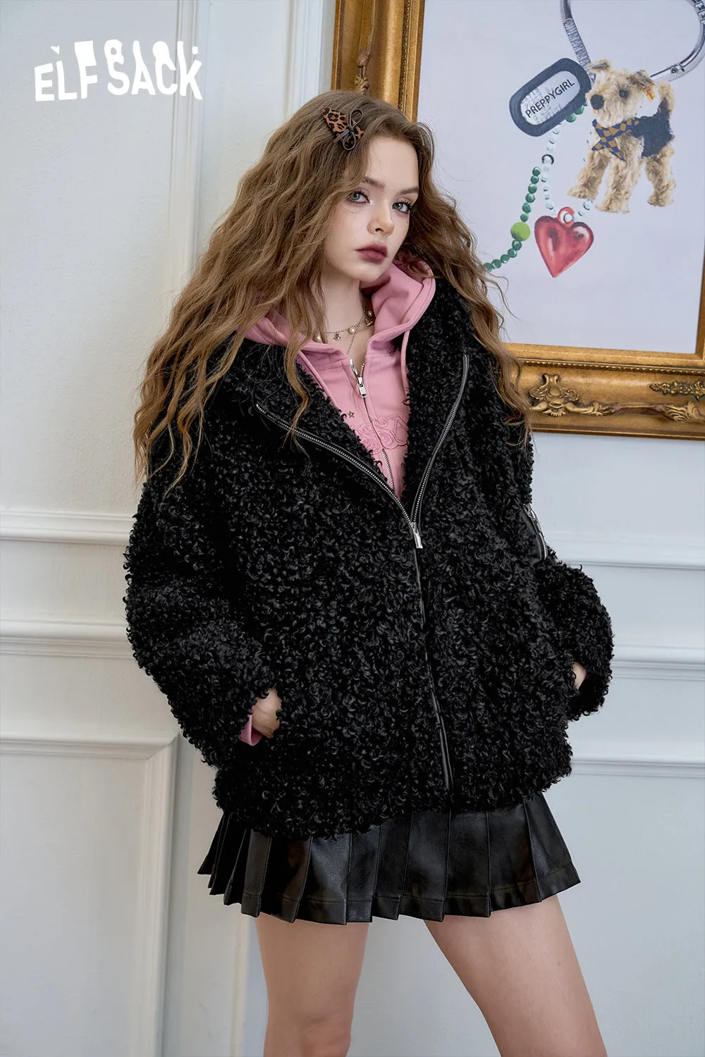 ELFSACK 2024 Winter New Arrivals Black Thick Hooded Jacket for Women with Fluffy Rabbit Ears Sweet and Cool