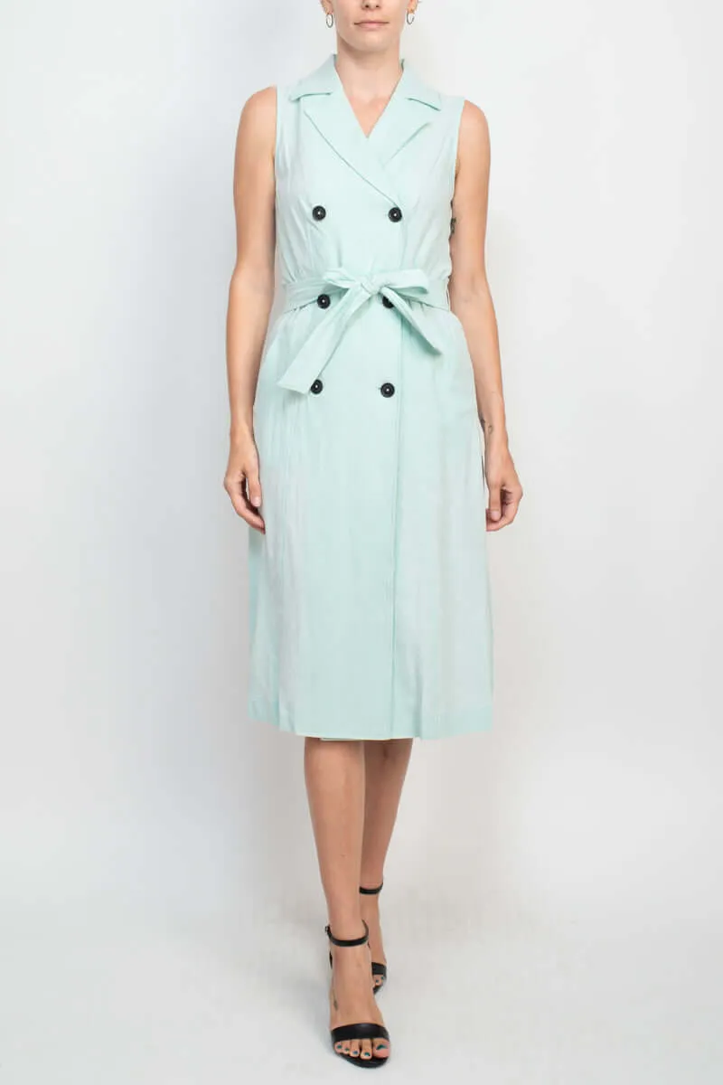 Ellen Tracy Notched Collar Tie Waist Solid Trench Coat Linen Dress