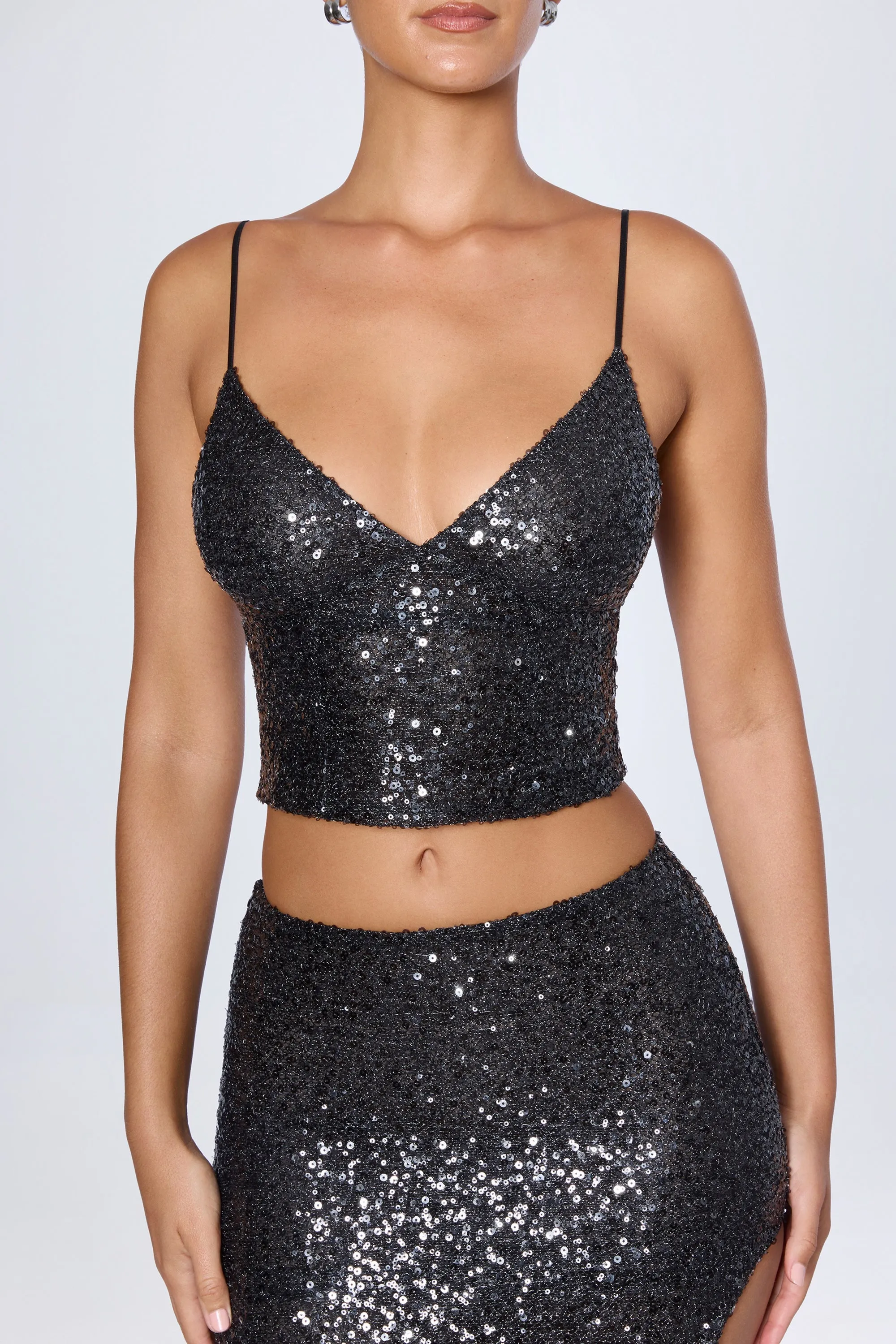 Embellished Open-Back Top in Black