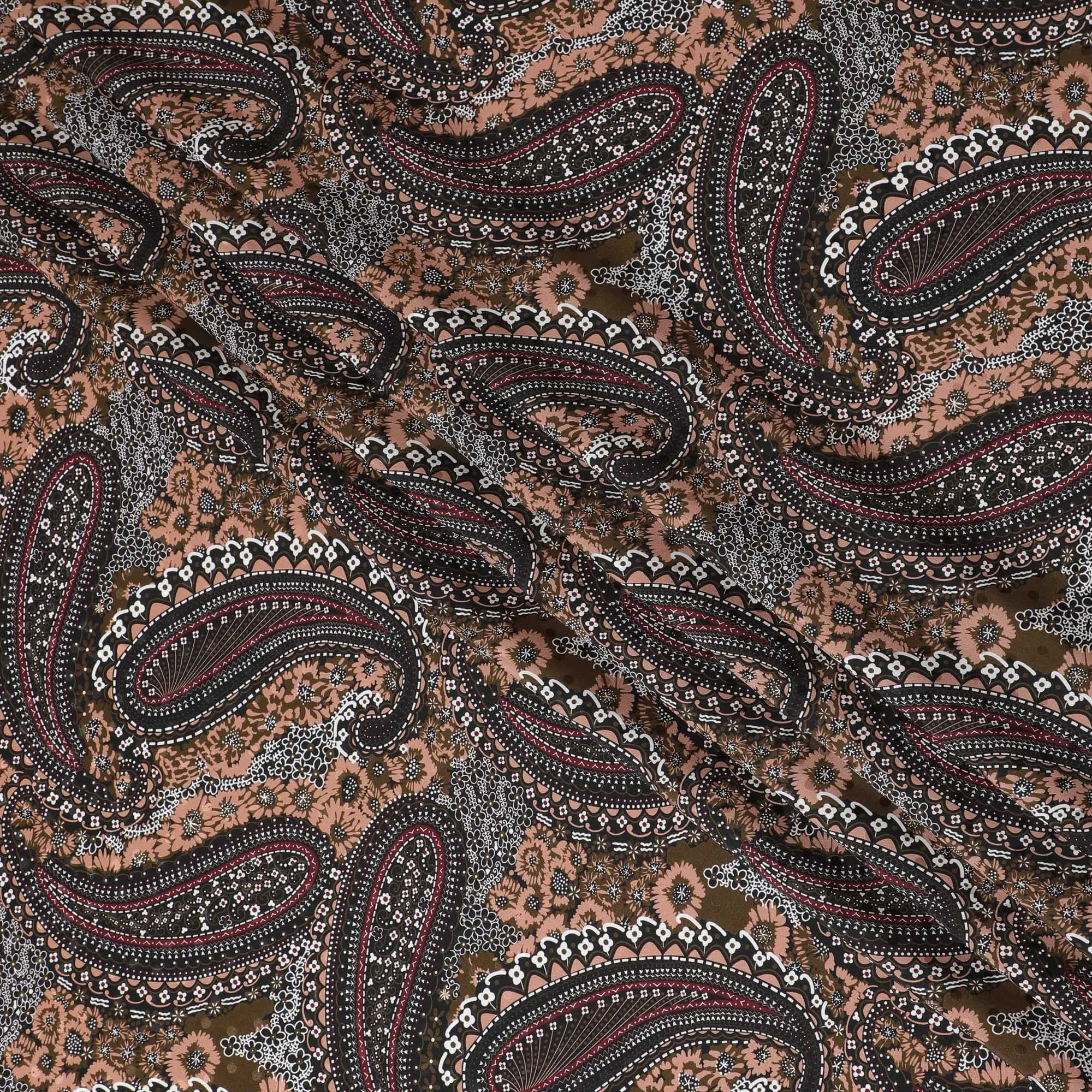 Espresso Elegance Paisley Silk Satin Fabric - Traditional Italian Print, 140cm Wide - Shop Online-D18326