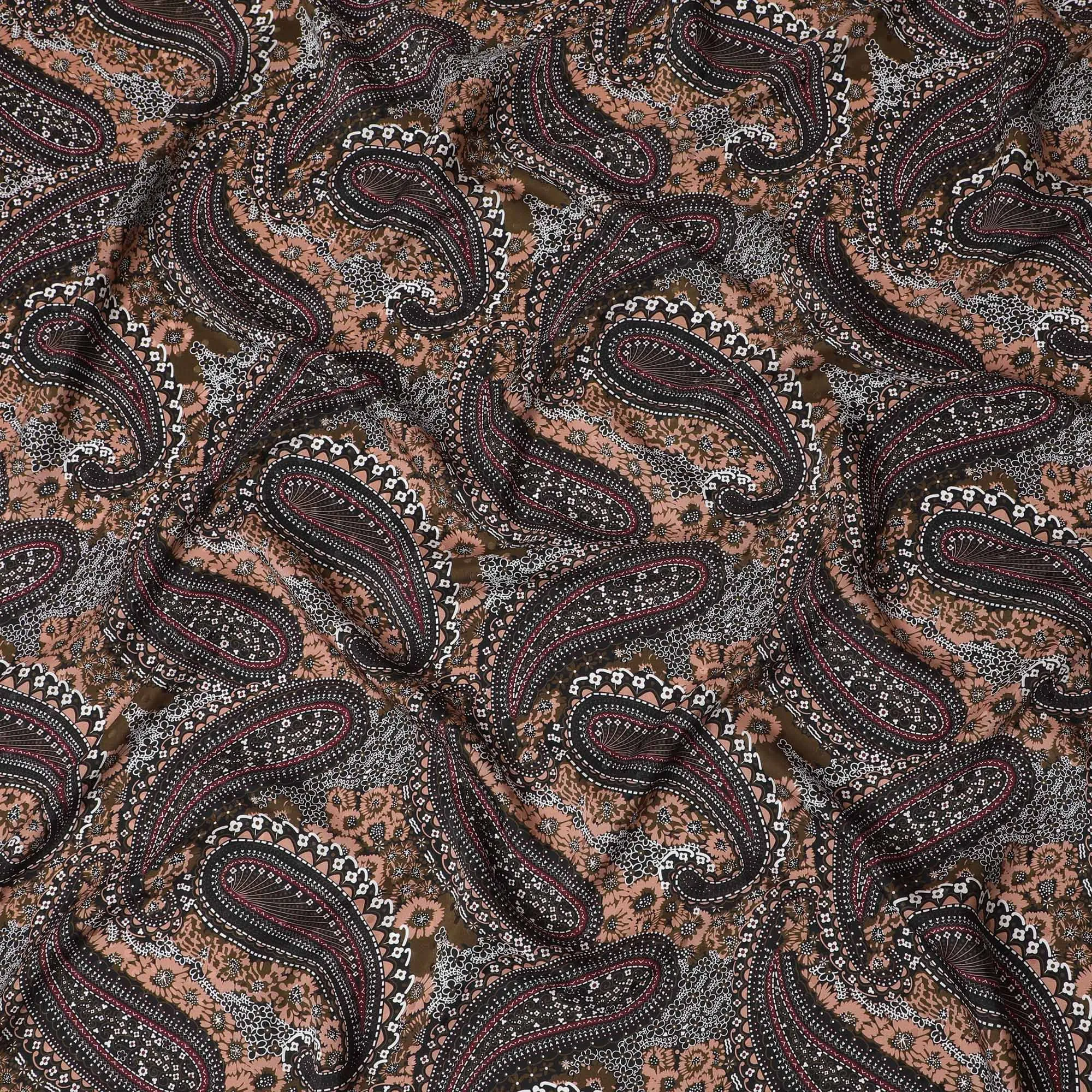 Espresso Elegance Paisley Silk Satin Fabric - Traditional Italian Print, 140cm Wide - Shop Online-D18326