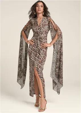 Exaggerated Sleeve Dress - Brown Multi