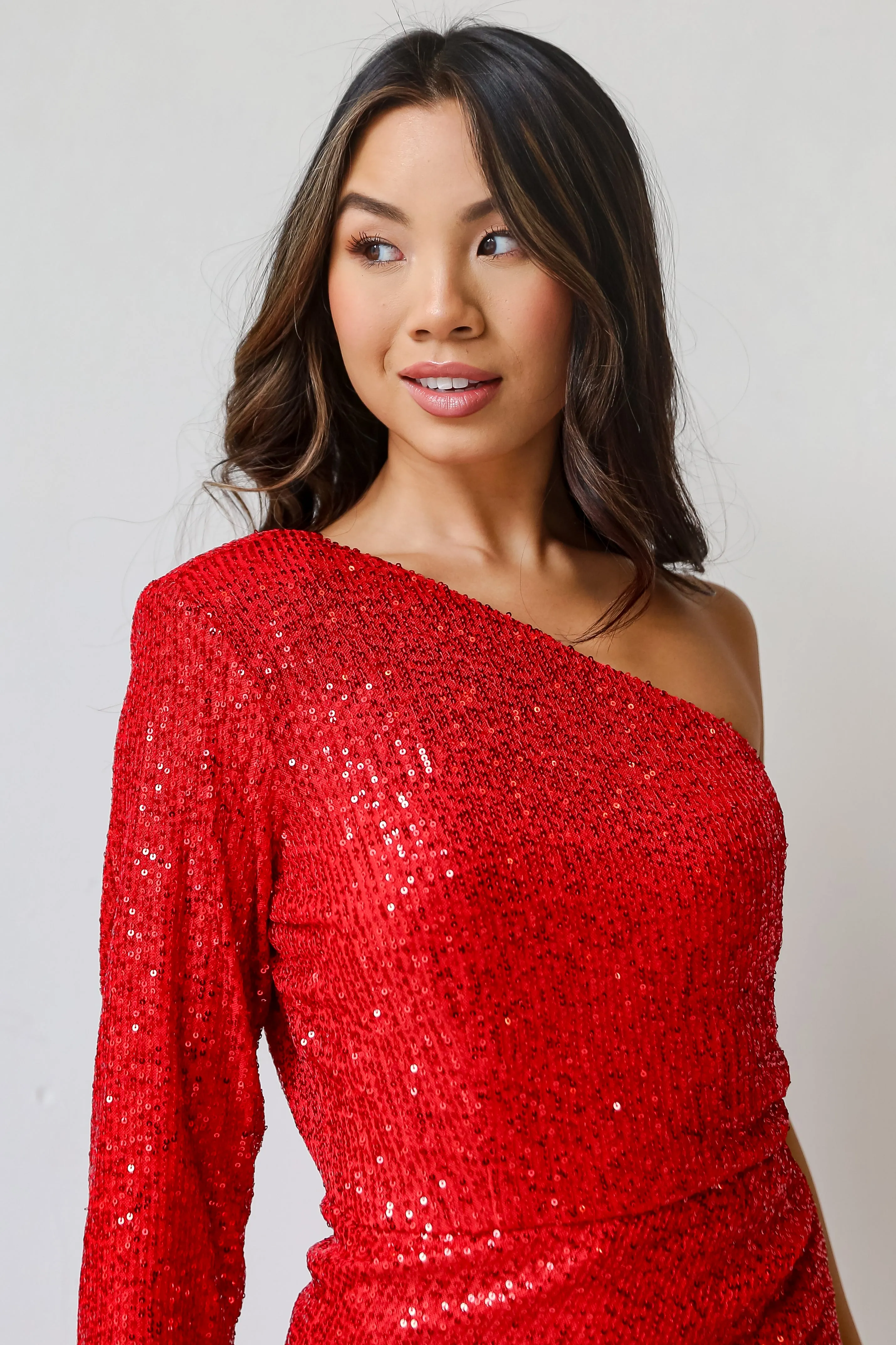 FINAL SALE - Perfect Sparkle Red Sequin One-Shoulder Mini Dress