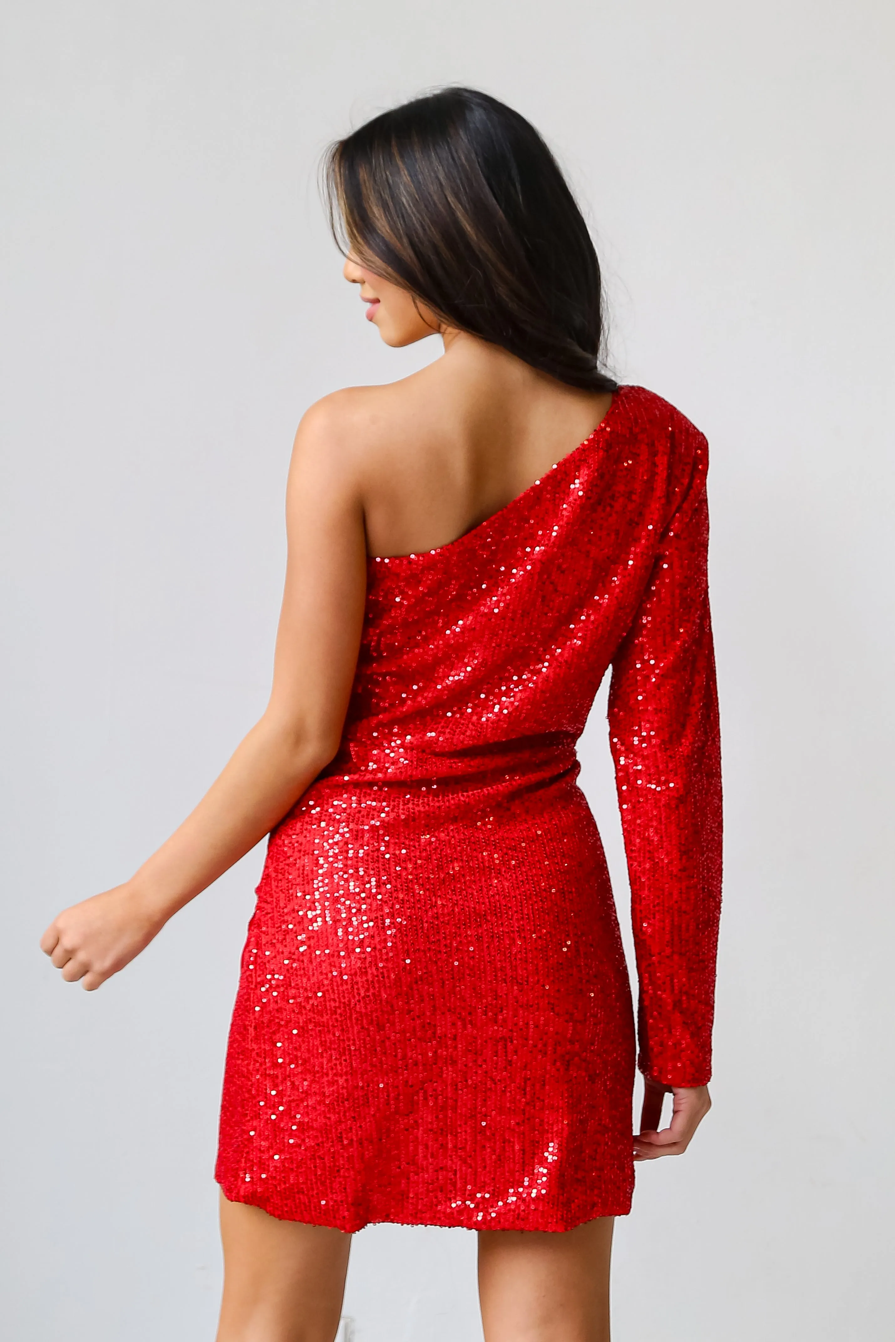 FINAL SALE - Perfect Sparkle Red Sequin One-Shoulder Mini Dress