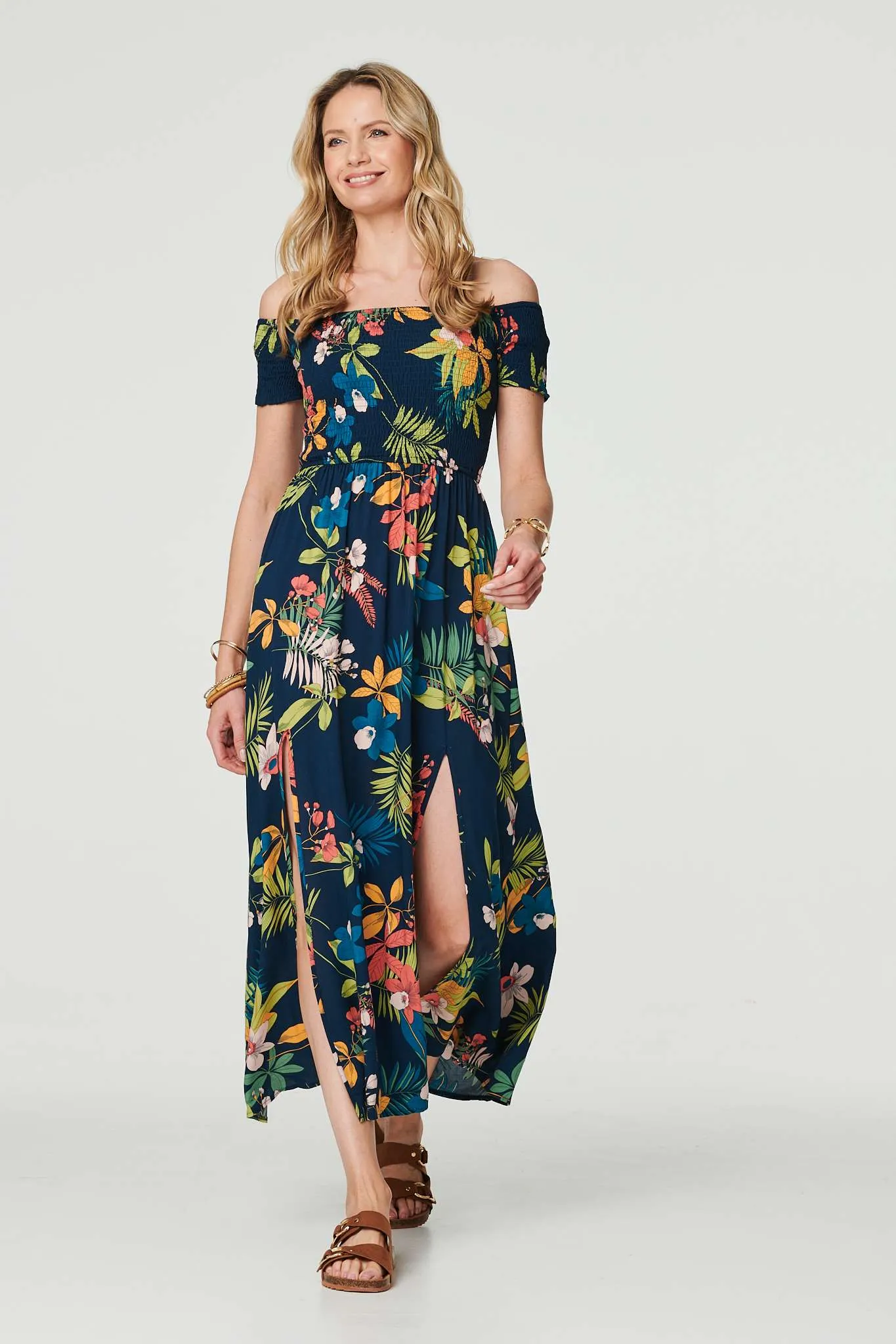 Floral Bardot Side Split Maxi Dress