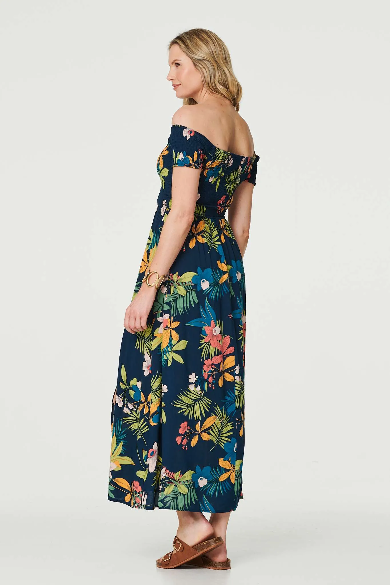 Floral Bardot Side Split Maxi Dress