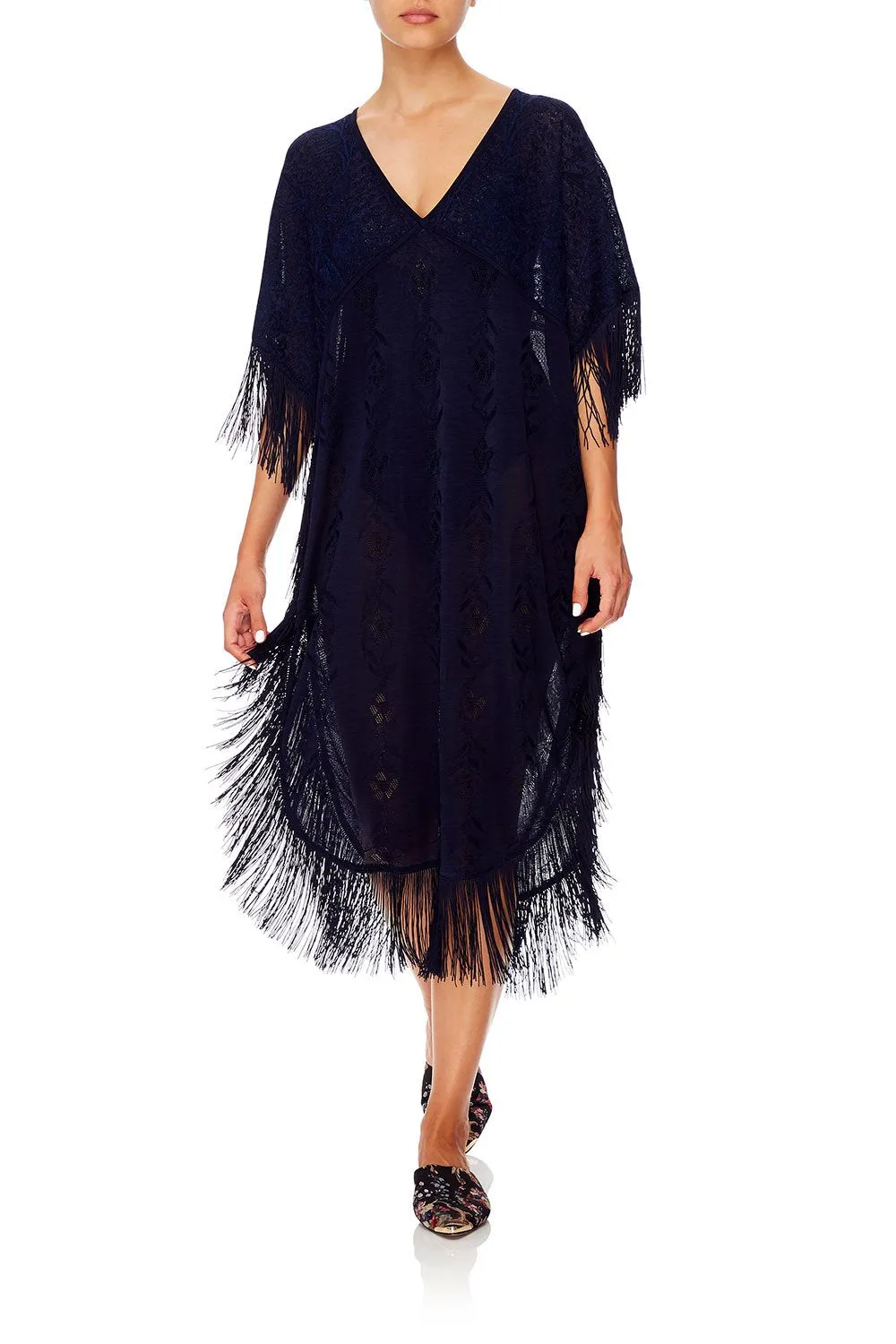 FRINGED KNIT KAFTAN MIDNIGHT MEETING