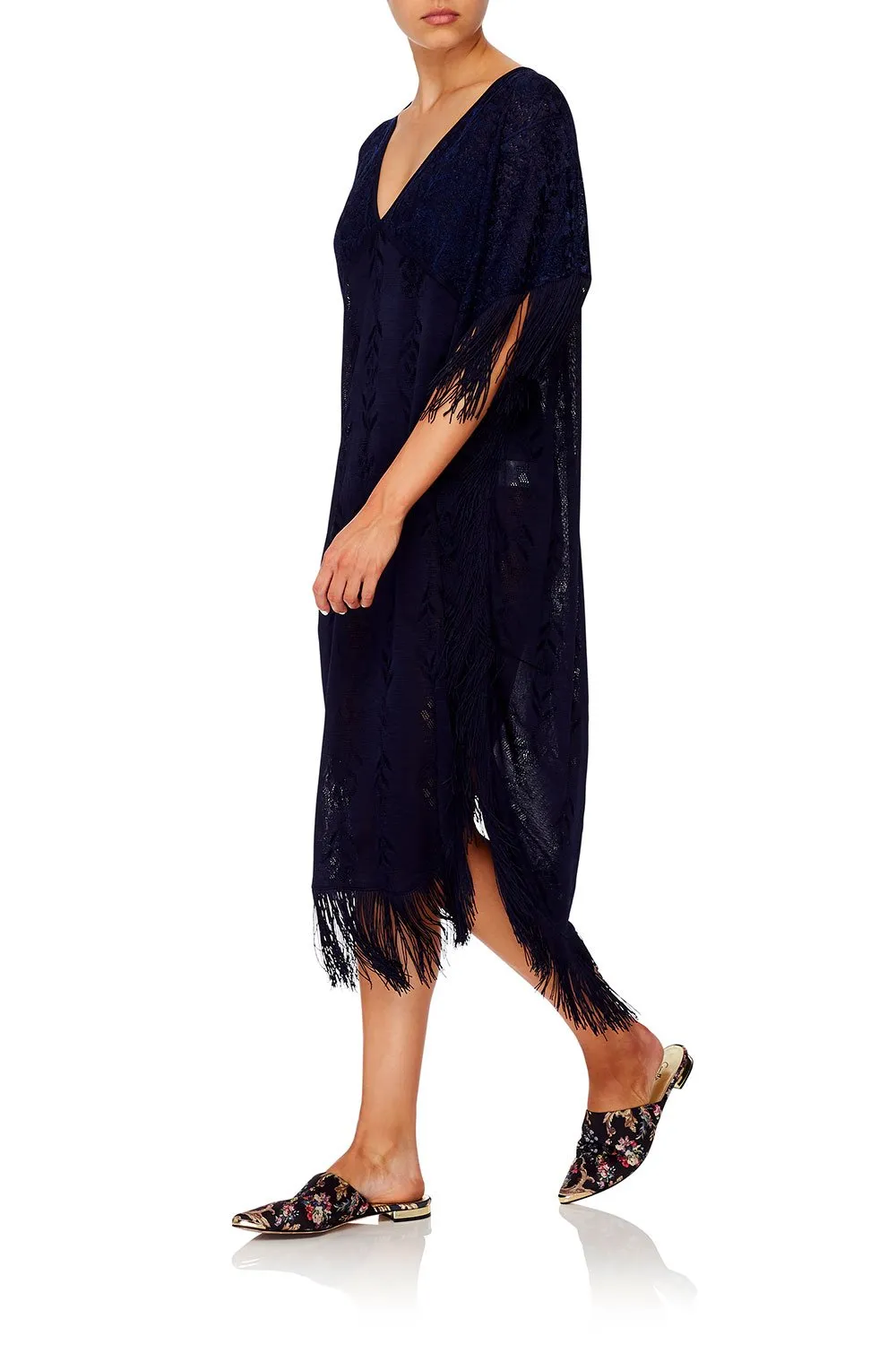 FRINGED KNIT KAFTAN MIDNIGHT MEETING