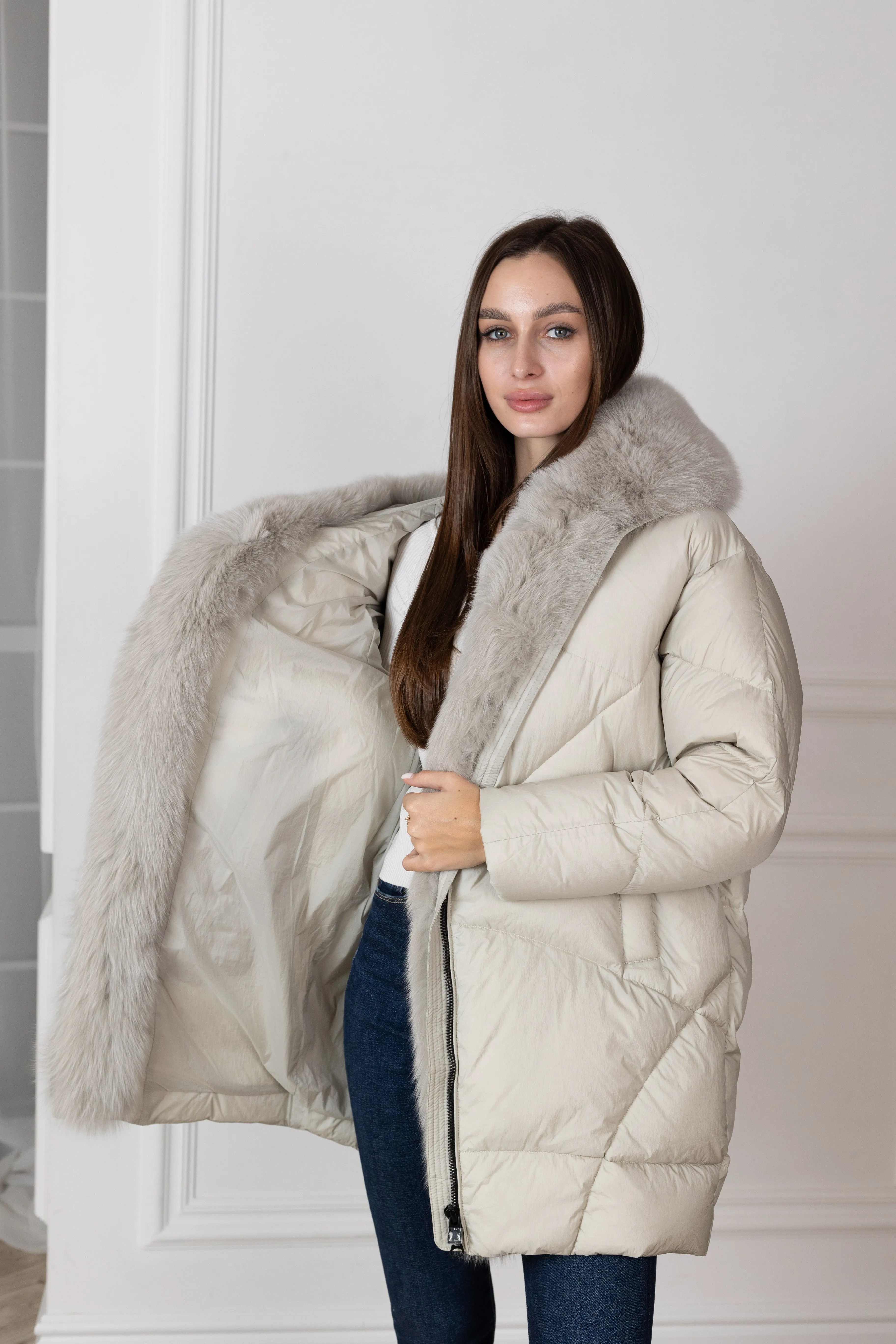 Genuine Polar Fox Fur Down Fill Coat