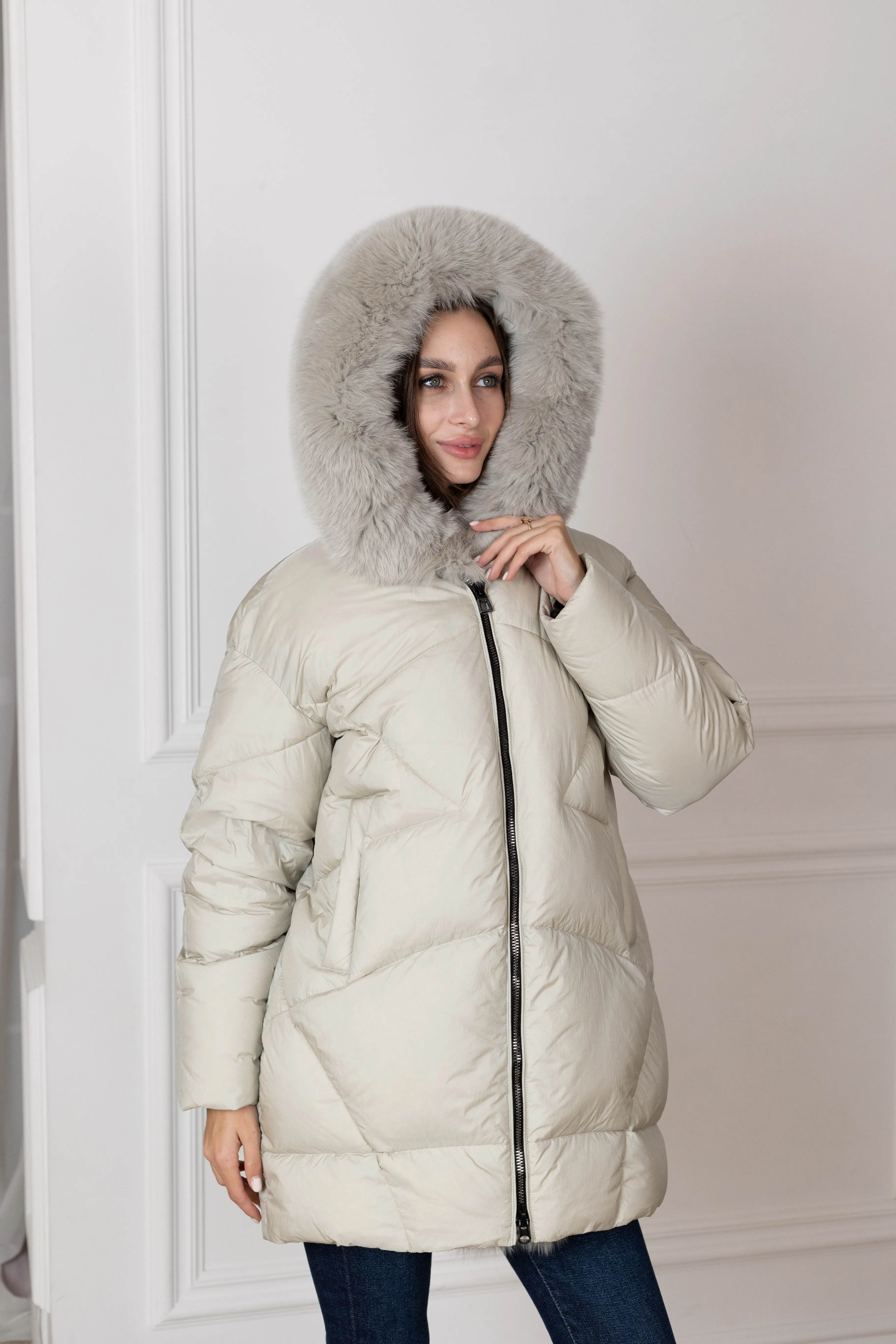 Genuine Polar Fox Fur Down Fill Coat