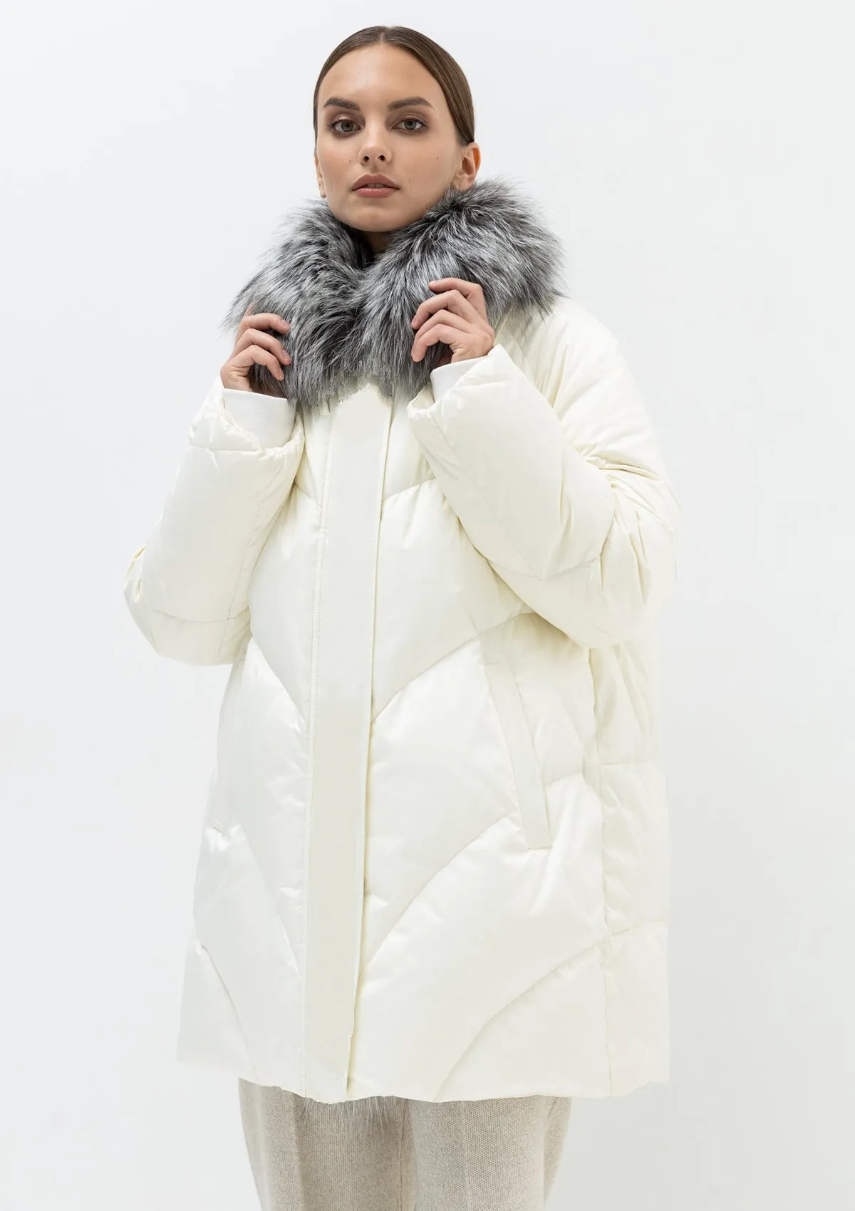 Genuine Silver Fox Fur Belted Down Parka