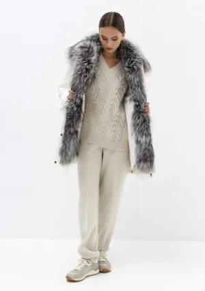 Genuine Silver Fox Fur Belted Down Parka