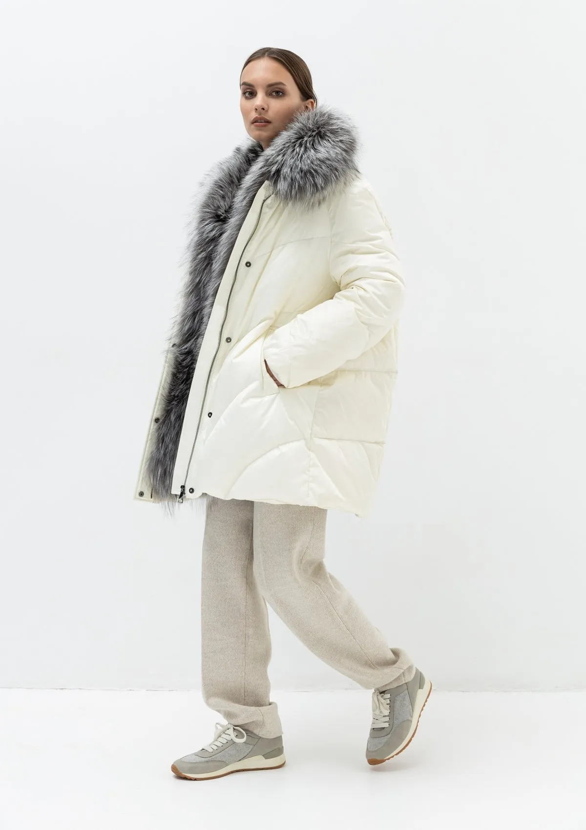 Genuine Silver Fox Fur Belted Down Parka