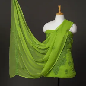 Green - 3pc Hand Embroidery Georgette Chikankari Dress Material 02