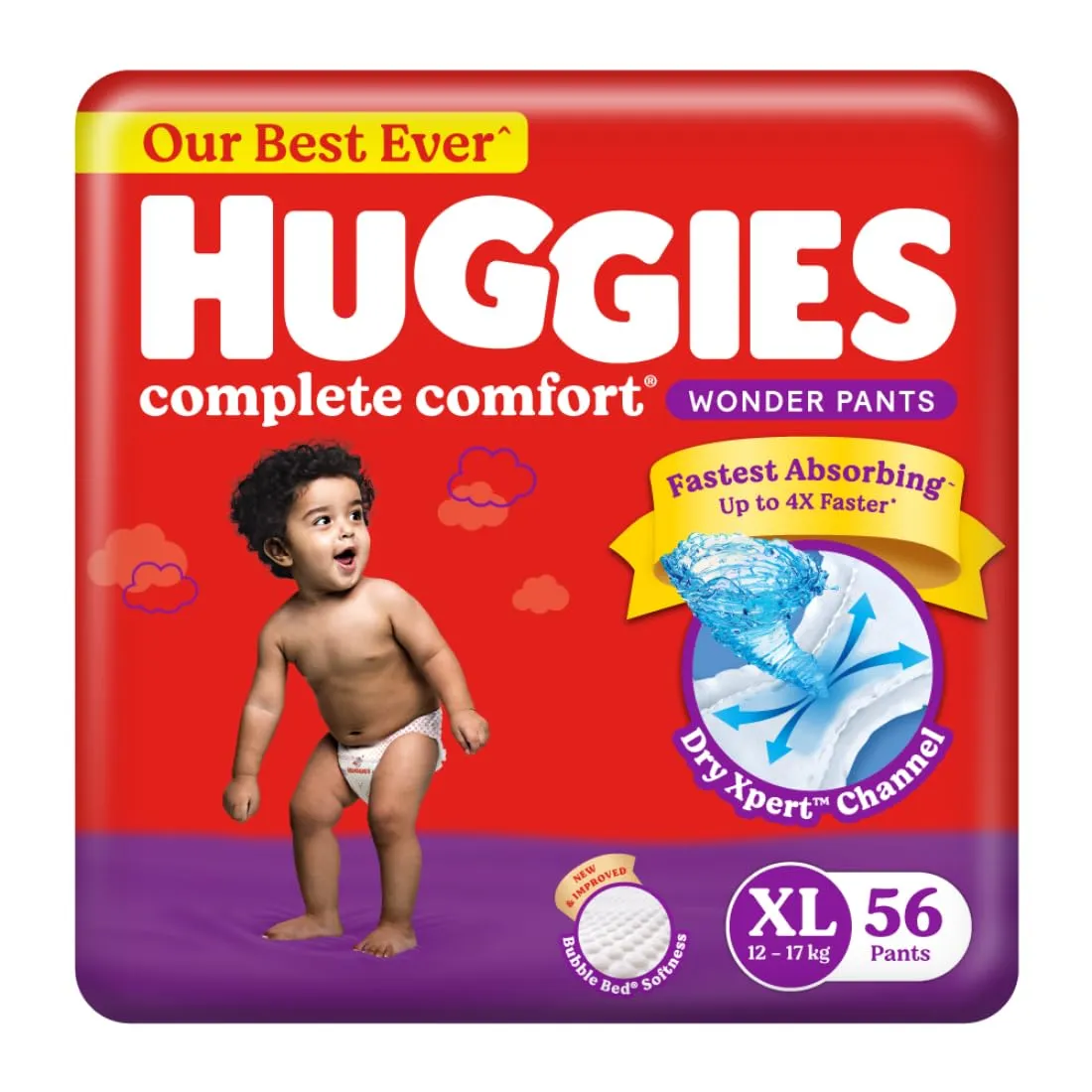 Huggies Complete Comfort Wonder Pants Extra Large (XL) Size (12-17 Kgs) Baby Diaper Pants, 56 count| India's Fastest Absorbing Diaper with upto 4x faster absorption | Unique Dry Xpert Channel