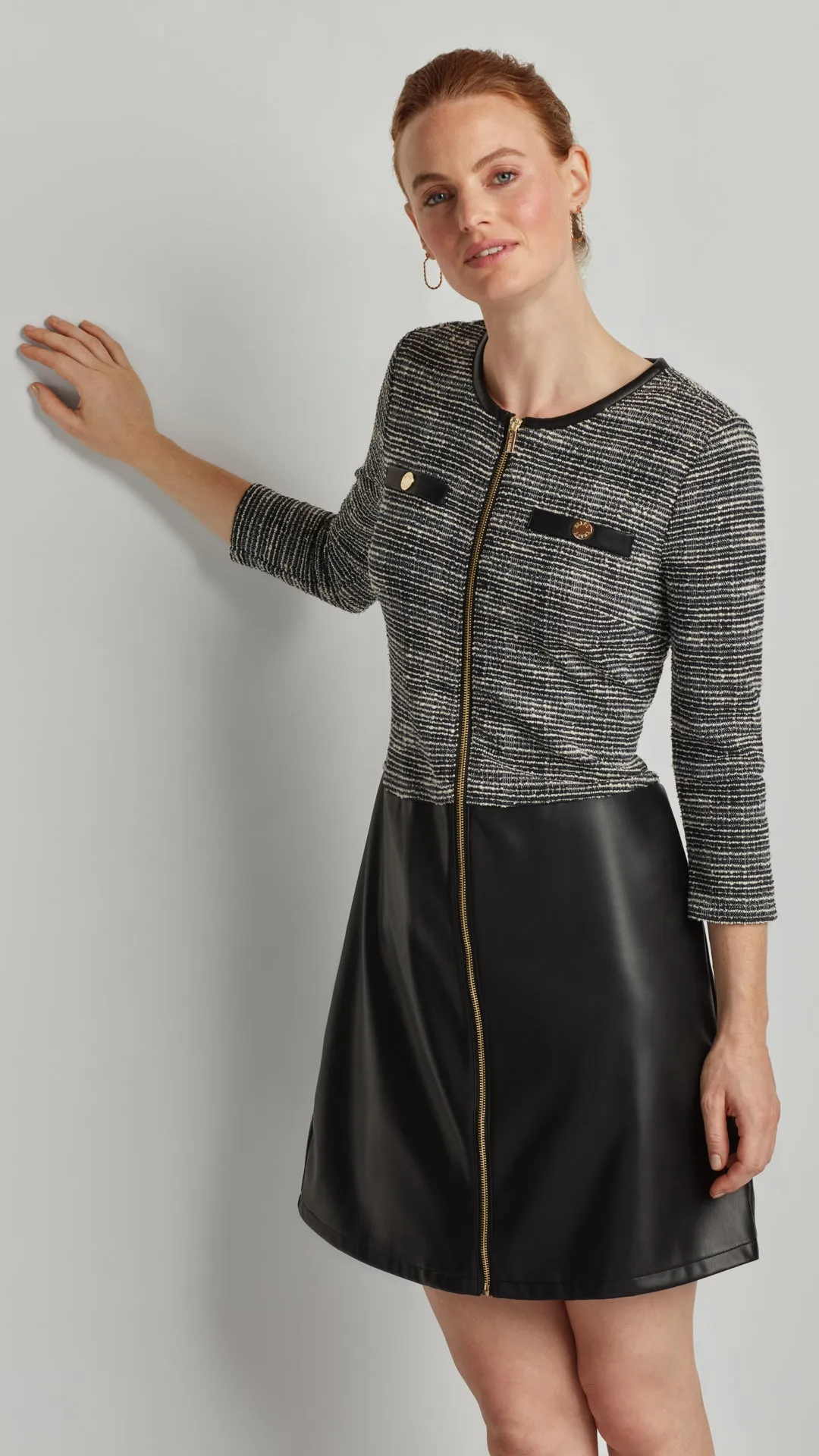 JACQUARD KNIT DRESS WITH VEGAN LEATHER SKIRT