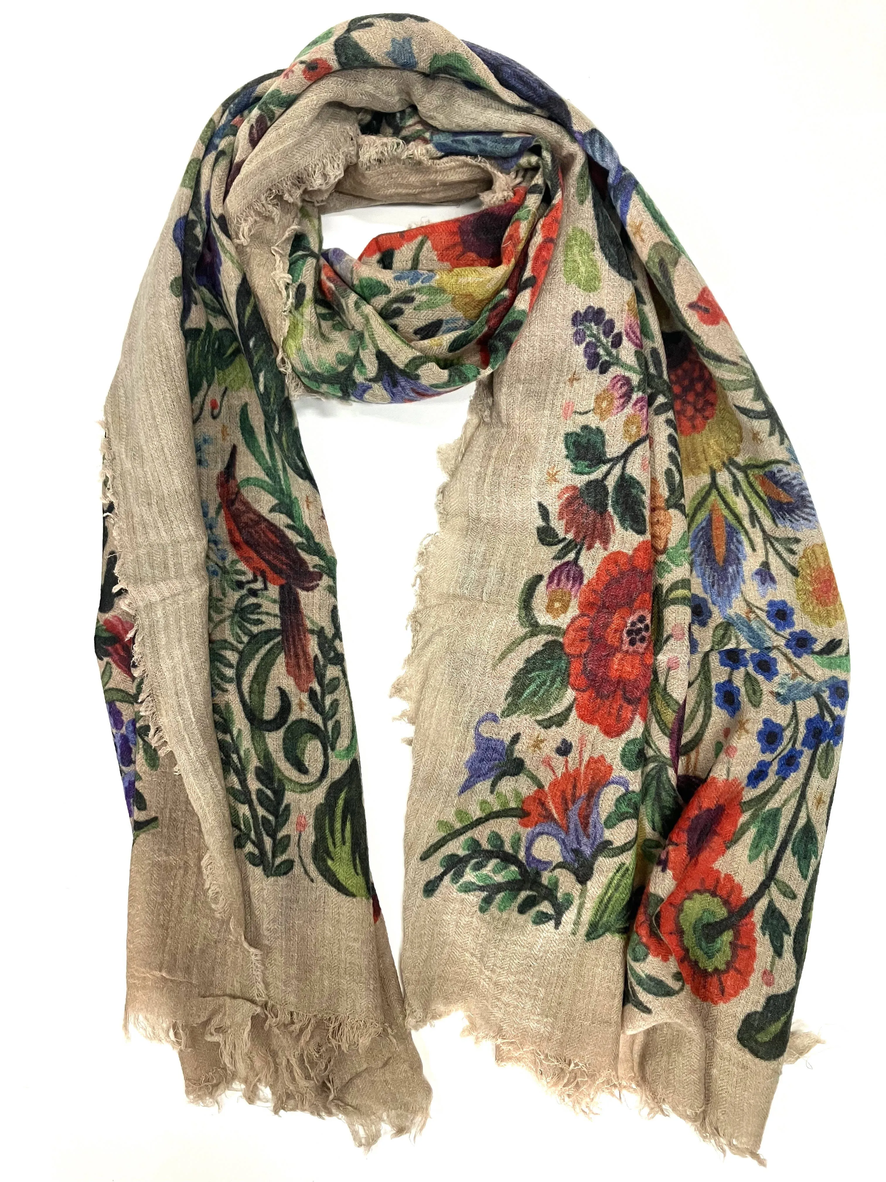 Jardin Wool Scarf/Wrap Beige Bird