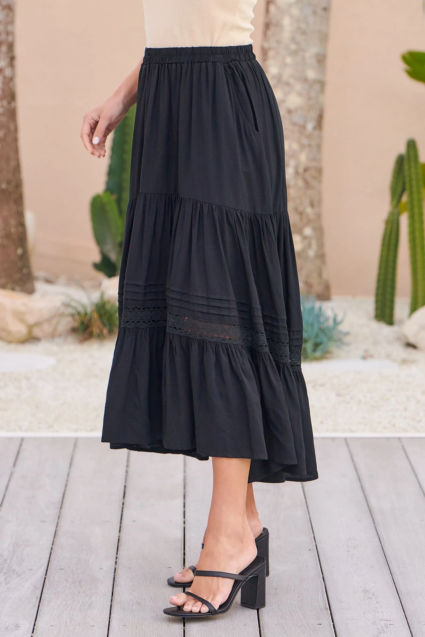 Kira Black Lace Detailed Hi/Low Maxi Skirt