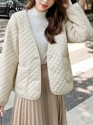 Korean Fashion Cotton Jacket Women Winter Casual Simple Lingge Beige Black Parkas Loose Short Jackets Woman Coat M-2XL