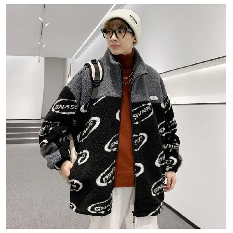 Lamb Wool Loose Fit Color Blocking Casual Thickened Fleece Jacket