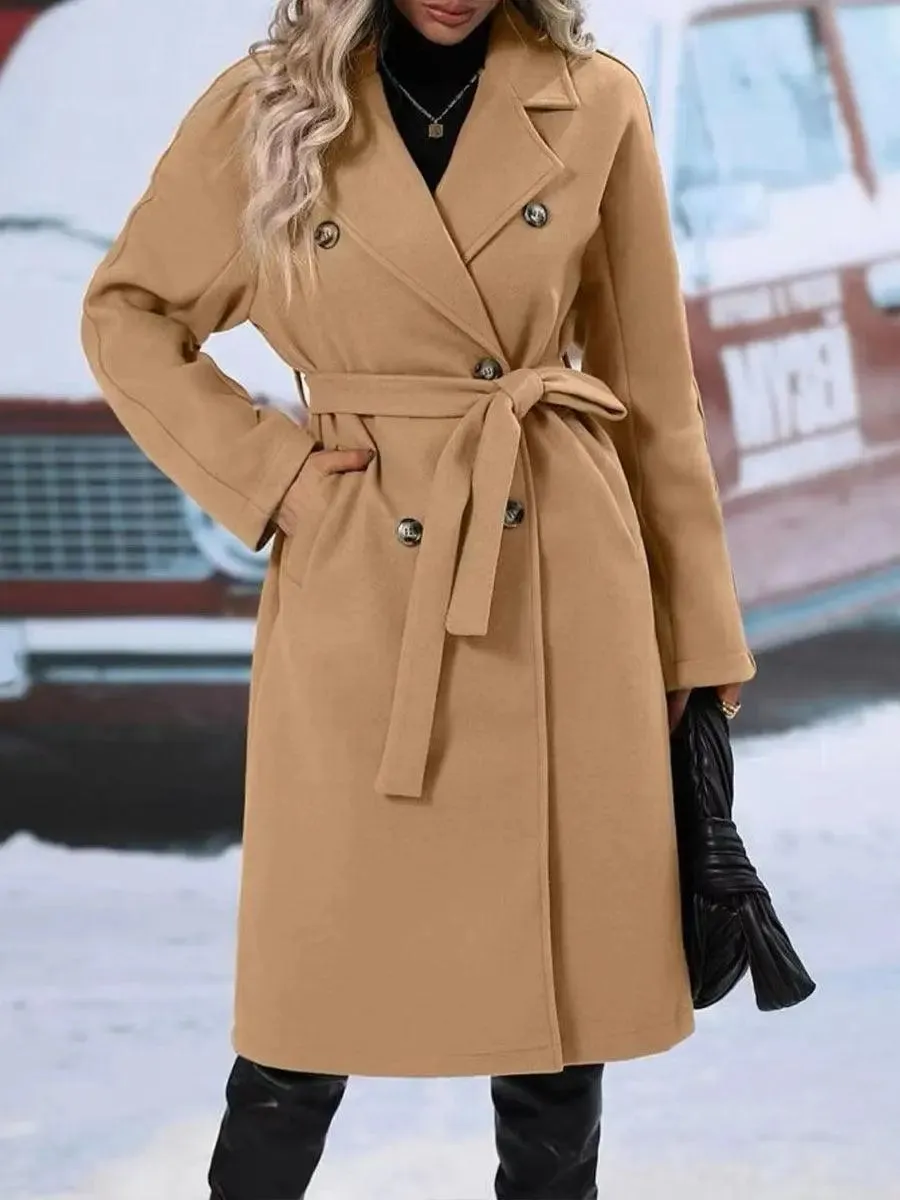 Lapel Double-breasted Trench Coat With Belt Winter Fashion Solid Color Long Jacket Outwear Lapel trench coat