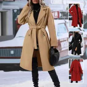 Lapel Double-breasted Trench Coat With Belt Winter Fashion Solid Color Long Jacket Outwear Lapel trench coat