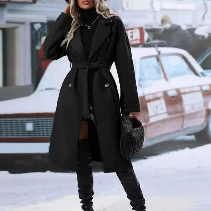 Lapel Double-breasted Trench Coat With Belt Winter Fashion Solid Color Long Jacket Outwear Lapel trench coat