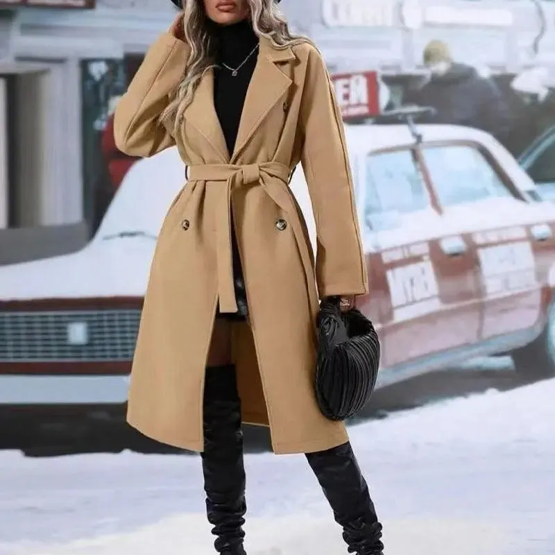 Lapel Double-breasted Trench Coat With Belt Winter Fashion Solid Color Long Jacket Outwear Lapel trench coat